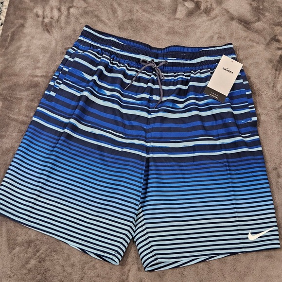 NEW Nike Swim Men's Volley Striped Swim Shorts Size Large NESSD545-440 Blue‎ - Picture 1 of 9